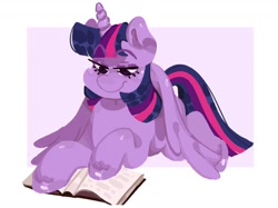 Size: 1170x876 | Tagged: safe, artist:vintagecococola, twilight sparkle, alicorn, pony, g4, book, eyebrows, eyebrows visible through hair, female, lidded eyes, lying down, mare, passepartout, prone, reading, simple background, smiling, solo, twilight sparkle (alicorn), white background