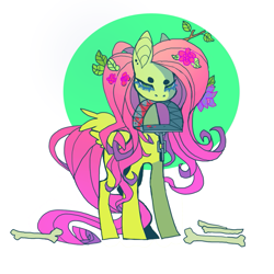 Size: 1021x1021 | Tagged: safe, artist:cutesykill, fluttershy, pegasus, pony, g4, beanbrows, bear trap, big ears, blood, bone, circle, circle background, colored pupils, ear piercing, earring, eyebrows, eyelashes, female, flower, flower in hair, folded wings, holding, jewelry, leaves, leaves in hair, long mane, long tail, looking at you, mare, mouth hold, narrowed eyes, no mouth, piercing, solo, standing, stick, tail, twig, twigs in hair, wings
