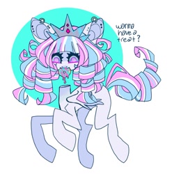 Size: 1021x1021 | Tagged: safe, artist:cutesykill, oc, oc only, oc:princess marshmallow, pegasus, pony, big ears, circle background, colored muzzle, colored pupils, crown, curly mane, curly tail, decapitated, detached head, donut, ear piercing, earring, eyelashes, female, floating head, folded wings, food, holding, horn, jewelry, long legs, looking at you, mare, mouth hold, multicolored eyes, multicolored mane, multicolored tail, pegasus oc, piercing, regalia, ringlets, simple background, smiling, solo, tail, text, tiara, white background, wingding eyes, wings