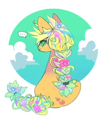 Size: 962x1096 | Tagged: safe, artist:cutesykill, applejack, earth pony, pony, g4, ..., alternate hairstyle, alternate tailstyle, artist, big ears, body freckles, braid, braided ponytail, braided tail, circle background, cloud, colored sclera, crescent moon, dialogue, eyelashes, female, flower, flower in hair, flower in tail, freckles, frown, gradient background, heart, looking at you, looking back, looking back at you, mare, missing accessory, moon, ponytail, seashell, simple background, sitting, sky, sky background, solo, speech bubble, stars, tail, text, white background, wingding eyes