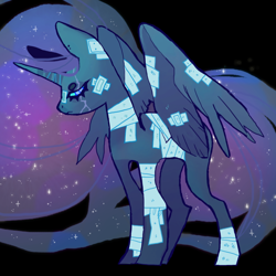Size: 850x850 | Tagged: safe, artist:cutesykill, princess luna, alicorn, pony, g4, alternate design, bandage, bandaged leg, bandaged neck, bandaged wing, bandaid, bandaid on nose, beanbrows, black background, blue eyes, blue sclera, closed mouth, colored sclera, cyan sclera, ear piercing, earring, ethereal mane, ethereal tail, eye scar, eyebrows, facial scar, female, frown, horn, injured, jewelry, lidded eyes, mare, missing accessory, narrowed eyes, partially open wings, piercing, sad, scar, simple background, solo, sparkly mane, sparkly tail, standing, tail, wings