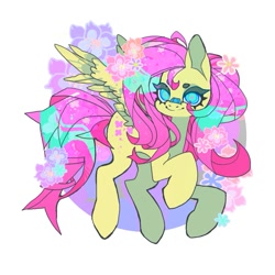Size: 1021x1021 | Tagged: safe, artist:cutesykill, fluttershy, pegasus, pony, g4, alternate hairstyle, alternate tailstyle, bandaid, bandaid on nose, beanbrows, big ears, big eyes, body freckles, circle, circle background, colored eyebrows, colored eyelashes, colored pupils, colorful, eyebrows, eyelashes, female, flower, flower in hair, flower in tail, freckles, looking at you, pink hair, pink tail, simple background, smiling, solo, spread wings, tail, white background, wings, yellow fur
