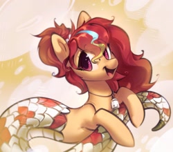 Size: 2048x1805 | Tagged: safe, artist:mirroredsea, oc, oc only, oc:anya heartsqueeze, lamia, original species, snake, snake pony, female, hair tie, jewelry, looking at you, necklace, ponytail, red eyes, simple background, solo
