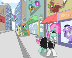 Size: 2000x1600 | Tagged: source needed, safe, artist:amateur-draw, oc, oc only, oc:belle boue, earth pony, pegasus, unicorn, boyfriend and girlfriend, city, clothes, crossdressing, earth pony oc, evening gloves, female, gloves, heart, heart eyes, horn, long gloves, maid, makeup, male, manehattan, mare, meme, pegasus oc, stallion, straight, street, tongue out, unicorn oc, whistle, wingding eyes