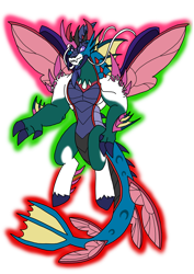 Size: 1000x1414 | Tagged: safe, artist:zetikoopa, pharynx, shining armor, oc, oc:bass thunder, oc:odysseus, changedling, changeling, siren, g4, corrupted, fins, fusion, fusion:bass thunder, fusion:pharynx, fusion:shining armor, insect wings, male, monster shining armor, prince pharynx, rainbow of darkness, simple background, species swap, tail, tail fin, transparent background, wings