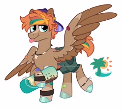 Size: 1895x1660 | Tagged: safe, artist:pink-pone, oc, oc:summer vibes, pegasus, pony, backwards ballcap, baseball cap, cap, clothes, hat, male, shorts, simple background, skateboard, solo, stallion, tongue out, white background