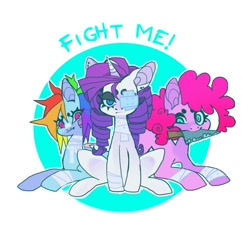 Size: 912x850 | Tagged: safe, artist:cutesykill, pinkie pie, rainbow dash, rarity, earth pony, pegasus, pony, unicorn, g4, alternate hairstyle, bandage, bandaged leg, bandaged neck, beanbrows, blue text, circle, circle background, colored eyebrows, colored eyelashes, curls, curly mane, ear piercing, earring, eyebrows, eyelashes, female, fluffy hair, frown, horn, jewelry, knife, lidded eyes, looking at you, lying down, mare, mouth hold, multicolored hair, narrowed eyes, piercing, prone, rainbow hair, ringlets, simple background, sitting, smiling, text, this will end in cupcakes, trio, trio female, white background, wingding eyes