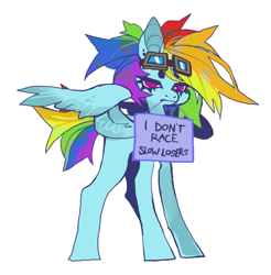 Size: 799x813 | Tagged: safe, artist:cutesykill, rainbow dash, pegasus, pony, g4, alternate hairstyle, alternate tailstyle, beanbrows, colored eyebrows, colored wings, colored wingtips, ear piercing, eyebrows, eyelashes, female, frown, goggles, goggles on head, holding sign, lidded eyes, long legs, mare, messy mane, messy tail, mouth hold, multicolored mane, multicolored tail, narrowed eyes, partially open wings, piercing, short hair rainbow dash, short tail, sign, simple background, solo, standing, tail, tallerdash, text, white background, wingding eyes, wings