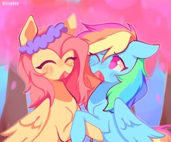 Size: 1794x1492 | Tagged: safe, artist:sillyp0ne, fluttershy, rainbow dash, pegasus, pony, g4, ^^, blushing, cute, dashabetes, duo, duo female, eyes closed, female, floral head wreath, flower, folded wings, holding hooves, lesbian, mare, one eye closed, open mouth, ship:flutterdash, shipping, shyabetes, smiling, tree, wings