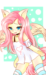 Size: 1440x2320 | Tagged: safe, artist:alexkparts, part of a set, fluttershy, pegasus, pony, semi-anthro, g4, :3, :q, arm hooves, bell, bell collar, blushing, cat bell, clothes, collar, dress, female, licking, licking lips, mare, shirt, shoulderless, socks, solo, striped socks, thigh highs, thighs, tongue out, underhoof