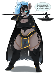 Size: 2986x4022 | Tagged: safe, anonymous artist, oc, oc only, oc:caulifla, changeling, anthro, anthro oc, armor, big breasts, breasts, changeling guard, changeling oc, changeling swarm, cloak, clothes, female, guard, halberd, helmet, horn, loincloth, looking at you, mare, serious, serious face, simple background, solo, spear, straps, tattoo, thick, thighs, thunder thighs, torn clothes, two toned mane, unamused, weapon, white background, wide hips