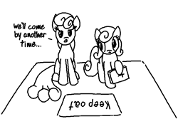 Size: 720x500 | Tagged: safe, artist:purblehoers, earth pony, pony, black and white, book, dialogue, duo, female, grayscale, looking at you, mare, monochrome, ms paint, pun, religion, simple background, sitting, standing, white background