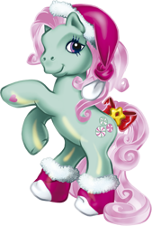 Size: 1327x1961 | Tagged: safe, minty, earth pony, pony, g3, official, bow, christmas, clothes, cute, female, g3betes, hat, holiday, hoof heart, mare, rearing, santa hat, simple background, socks, solo, stars, tail, tail bow, transparent background, underhoof