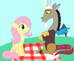 Size: 1523x1262 | Tagged: safe, artist:cmara, discord, fluttershy, draconequus, pegasus, pony, g4, duo, duo male and female, female, looking at each other, looking at someone, male, picnic, picnic blanket, sitting