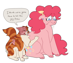 Size: 1544x1325 | Tagged: safe, artist:greenarsonist, pinkie pie, cat, earth pony, pony, g4, :c, brightheart, crossover, drawing meme, ear piercing, earring, facial scar, fat, female, frown, hair accessory, i think we're gonna have to kill this guy, jewelry, meme, nonbinary, piercing, sad, scar, simple background, speech bubble, unshorn fetlocks, warrior cats, white background
