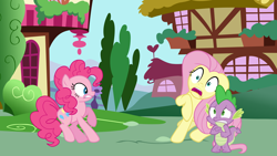 Size: 4000x2250 | Tagged: safe, artist:mm1928l, fluttershy, pinkie pie, spike, dragon, earth pony, pegasus, pony, g4, female, male, ponyville