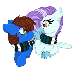 Size: 2122x1941 | Tagged: safe, artist:lbrcloud, oc, oc only, oc:ocean breeze (savygriffs), oc:red card, classical hippogriff, hippogriff, pegasus, pony, :p, blushing, boop, clothes, duo, duo male and female, female, hippogriff oc, male, scarf, simple background, snuggling, striped scarf, tongue out, white background