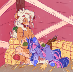 Size: 1300x1292 | Tagged: safe, artist:tottallytoby, applejack, twilight sparkle, earth pony, pony, unicorn, g4, alternate design, alternate hairstyle, applejack's hat, barn, blaze (coat marking), blush lines, blushing, body freckles, coat markings, colored ears, colored eyebrows, colored hooves, colored horn, colored pinnae, cowboy hat, curly hair, curved horn, duo, eyebrows, eyebrows visible through hair, eyes closed, eyeshadow, facial markings, female, fluffy, freckles, hair over one eye, hair tie, hat, hay bale, hoof heart, hoof polish, horn, lesbian, lying down, makeup, mare, multicolored hair, no mouth, onomatopoeia, profile, scar, ship:twijack, shipping, sitting, sleeping, sleeping together, socks (coat markings), sound effects, spots, underhoof, unicorn twilight, zzz
