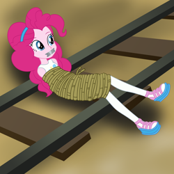 Size: 2000x2000 | Tagged: safe, artist:nie-martw-sie-o-mnie, human, equestria girls, g4, bondage, bound and gagged, damsel in distress, female, gag, rope, rope bondage, solo, tape, tape gag, tied up, train tracks