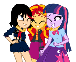 Size: 1326x1080 | Tagged: safe, artist:animatedone, sunset shimmer, twilight sparkle, human, equestria girls, g4, anime, birthday, clothes, erica mendez, female, hug, kill la kill, rebecca shoichet, ryuko matoi, shirt, simple background, skirt, smiling, tara strong, transparent background, trio, trio female, voice actor