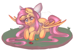 Size: 3000x2107 | Tagged: safe, artist:rozalies, fluttershy, insect, ladybug, pegasus, pony, g4, blushing, bow, cute, ear blush, female, hair bow, heart, heart eyes, high res, lying down, mare, partially open wings, prone, shyabetes, simple background, smiling, solo, transparent background, wingding eyes, wings