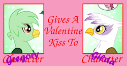 Size: 1273x660 | Tagged: safe, artist:gregory-the-griffon, gilda, pinkie pie, oc, oc:gregory griffin, griffon, g4, eyelashes, female, holiday, kissing, male, no eyelashes, shipping, solo, straight, valentine's day