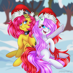 Size: 3095x3080 | Tagged: safe, artist:cheerful_nova, oc, pegasus, pony, art trade, christmas, couple, duo, duo female, ear piercing, earring, female, hat, holiday, jewelry, merry christmas, necklace, piercing, smiling