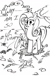 Size: 1661x2580 | Tagged: safe, artist:hoodrams, fluttershy, pegasus, pony, g4, black and white, doodle, female, grayscale, looking at you, mare, monochrome, solo, text