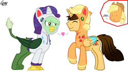 Size: 3840x2160 | Tagged: safe, artist:gregory-the-griffon, applejack, rarity, oc, oc:ej, oc:gregory griffin, griffon, pony, g4, clothes, female, gay, hoodie, male, no eyelashes, shipping, simple background, solo, stallion, transparent background