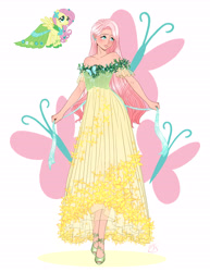 Size: 5100x6600 | Tagged: safe, artist:timasongart, fluttershy, human, pegasus, pony, g4, clothes, dress, ear piercing, earring, female, gala dress, grin, high heel sandals, high heels, humanized, jewelry, lipstick, makeup, mare, piercing, sandals, shoes, smiling, solo, toes