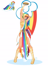 Size: 4800x6600 | Tagged: safe, artist:timasongart, rainbow dash, human, pegasus, pony, g4, alternate hairstyle, armpits, bare shoulders, blushing, boots, clothes, dress, female, food, gala dress, grin, humanized, lipstick, makeup, mare, nail polish, pie, shoes, sleeveless, smiling, solo