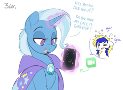 Size: 967x709 | Tagged: safe, artist:higglytownhero, trixie, oc, oc:juby skylines, pony, unicorn, g4, bags under eyes, brooch, cape, clothes, dialogue, duo, facetime, faic, female, gem, half body, jewelry, lidded eyes, looking down, magic, magic aura, male, mare, open mouth, phone, simple background, speech bubble, stallion, talking, text, tired, trixie's brooch, trixie's cape, white background