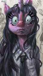 Size: 2103x3715 | Tagged: safe, artist:gordoleeno, twilight sparkle, human, pony, unicorn, anthro, g4, clothes, humanized, looking at you, mixed media, necktie, red nose, solo, stare