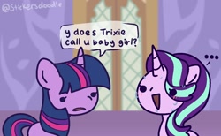 Size: 1300x800 | Tagged: safe, artist:nawnii, starlight glimmer, twilight sparkle, unicorn, g4, ..., blushing, dialogue, dot eyes, duo, duo female, eye clipping through hair, female, implied lesbian, implied shipping, implied startrix, mare, nervous, speech bubble, sweat, twilight's castle, watermark