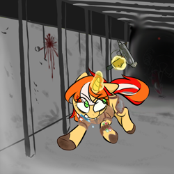 Size: 1000x1000 | Tagged: safe, alternate version, artist:jianjian, oc, oc only, pony, unicorn, blood, female, gun, levitation, magic, mare, solo, telekinesis, weapon