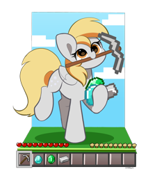Size: 2008x2248 | Tagged: safe, artist:kittyrosie, derpy hooves, pegasus, pony, g4, diamond, emerald, female, high res, iron, mare, minecraft, mouth hold, pickaxe, simple background, solo, transparent background