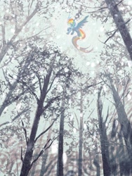 Size: 1620x2160 | Tagged: safe, artist:lendftcn, rainbow dash, pegasus, pony, g4, female, flying, forest, low angle, mare, nature, snow, snowfall, solo, spread wings, tree, wings