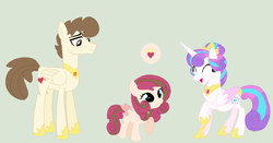 Size: 1076x564 | Tagged: safe, artist:piggybeat, pound cake, princess flurry heart, oc, oc:sweetheart, alicorn, pegasus, pony, g4, abdominal bulge, base used, eyes closed, father and child, father and daughter, female, filly, foal, height difference, husband and wife, male, mare, mother and child, mother and daughter, offspring, older, older flurry heart, older pound cake, parent:pound cake, parent:princess flurry heart, parents:poundflurry, physique difference, pregnant, ship:poundflurry, shipping, simple background, slender, smiling, stallion, straight, thin, trio
