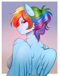 Size: 1700x2154 | Tagged: safe, artist:cutievarka, rainbow dash, pegasus, anthro, g4, backless, breasts, busty rainbow dash, ear piercing, earring, female, gradient background, jewelry, lidded eyes, looking at you, looking back, looking back at you, mare, piercing, sideboob, smiling, smiling at you, solo