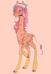 Size: 1158x1668 | Tagged: safe, artist:onionpwder, fluttershy, giraffe, g4, :p, bandana, cloven hooves, giraffeshy, giraffied, pink background, pride, pride flag, simple background, solo, species swap, tongue out, trans fluttershy, transgender, transgender pride flag