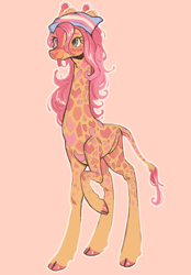 Size: 1158x1668 | Tagged: safe, artist:onionpwder, fluttershy, giraffe, g4, :p, bandana, cloven hooves, giraffeshy, giraffied, long legs, pink background, pride, pride flag, simple background, solo, species swap, tall, tongue out, trans fluttershy, transgender, transgender pride flag