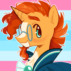 Size: 684x684 | Tagged: safe, artist:onionpwder, sunburst, pony, unicorn, g4, icon, pride, pride flag, solo, trans sunburst, transgender, transmasculine, transmasculine pride flag