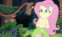 Size: 769x461 | Tagged: safe, artist:ocean lover, fluttershy, human, python, snake, equestria girls, g4, bare shoulders, blue eyes, bush, butterfly hairpin, clothes, crossover, cutie mark on clothes, disney, forest, forest background, frown, kaa, link, link in description, long hair, looking at each other, looking at someone, nature, outdoors, scared, species swap, tank top, the jungle book, the legend of zelda, thumbnail, tree, uncomfortable, youtube, youtube link, youtube thumbnail, youtube video