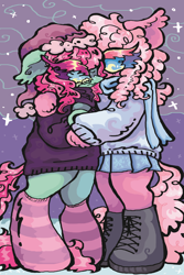 Size: 2000x3000 | Tagged: safe, artist:larvaecandy, minty, pinkie pie (g3), earth pony, pony, semi-anthro, g3, clothes, crying, duo, female, hug, lesbian, ship:mintypie, shipping, skirt, sweater