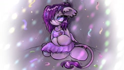 Size: 1200x675 | Tagged: safe, artist:larvaecandy, oc, oc only, oc:vylet, pegasus, pony, semi-anthro, i was the loner of paradise valley, vylet pony, g4, clothes, dress, female, kneeling, leonine tail, mare, party, solo, tail