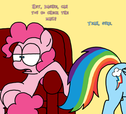 Size: 3351x3023 | Tagged: safe, artist:professorventurer, part of a set, pinkie pie, rainbow dash, pony, comic:the mail, g4, couch, dialogue, duo, female, mare, meme, sitting, slouching