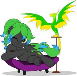 Size: 5060x5000 | Tagged: safe, alternate version, artist:jhayarr23, oc, oc only, oc:solar aura, balefire phoenix, pegasus, phoenix, fallout equestria, braid, colored wings, commission, commissioner:solar aura, couch, gradient wings, one eye closed, one eye open, pegasus oc, perch, perching, ponytail, simple background, transparent background, wings, wink, your character here