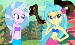 Size: 720x432 | Tagged: safe, artist:fireluigi29, artist:ocean lover, edit, vector edit, princess skystar, silverstream, human, mermaid, python, snake, equestria girls, g4, my little pony: the movie, bandeau, bare shoulders, beautiful, belly, belly button, bra, clothes, coral, disney, duo, duo female, equestria girls-ified, female, flower, flower in hair, forked tongue, hand on hip, jewelry, kaa, lidded eyes, link in description, long hair, mermaid princess, mermaidized, necklace, ocean, pearl, pearl necklace, purple eyes, seashell, seashell bra, seaweed, species swap, the jungle book, thumbnail, two toned hair, underwater, underwear, vector, water, youtube link, youtube thumbnail, youtube video