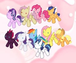 Size: 1301x1080 | Tagged: artist needed, safe, applejack, fluttershy, pinkie pie, rainbow dash, rarity, bat pony, earth pony, pegasus, pony, unicorn, g4, bat ponified, doll, flutterbat, game screencap, plushie, race swap, toy