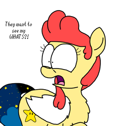 Size: 3023x3351 | Tagged: safe, artist:professorventurer, oc, oc:power star, pegasus, pony, appalled, chest fluff, dialogue, exclamation point, female, interrobang, mare, pinpoint eyes, question mark, rule 85, super mario 64, tail, tail between legs